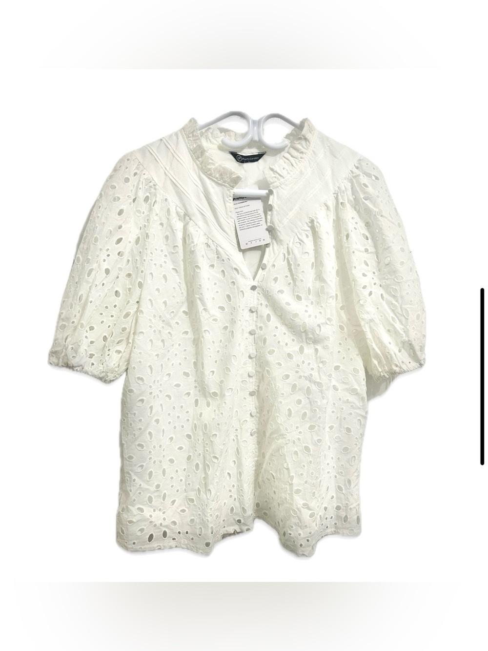 White Eyelet Puff Sleeve Blouse with Ruffle Collar - Unknown Brand